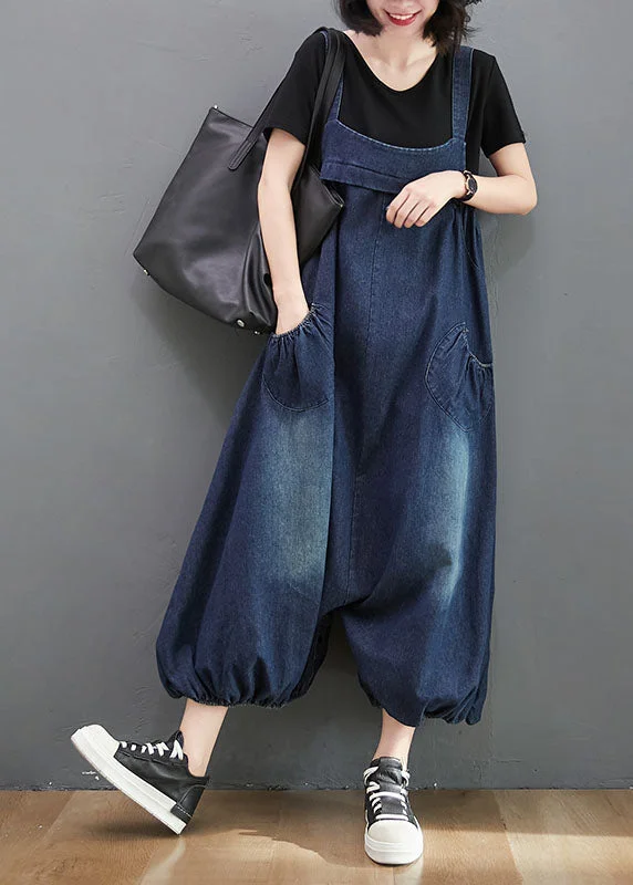 Style Navy Pockets Patchwork Denim Lantern Jumpsuit Summer Chic Outfits