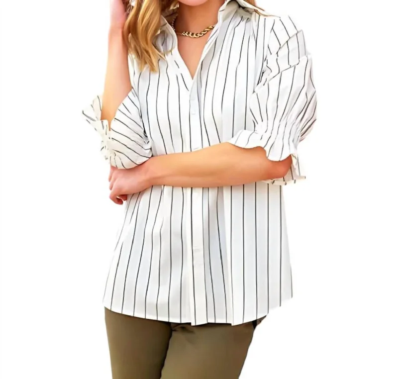 Sirena Striped Cotton Shirt In Natural/green Flowy Fabric