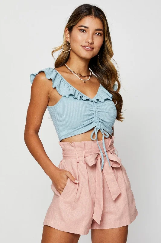 Blue Frill Detail Top Crop Budget Saver