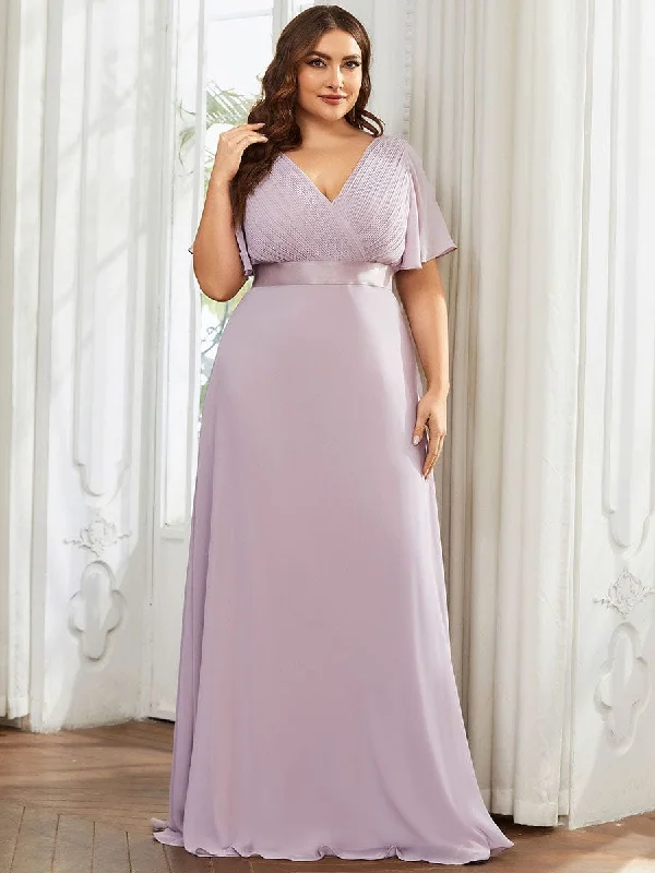 Monica | Plus Size Empire Waist V Back Bridesmaid Dress with Short Sleeves Luxe Layering