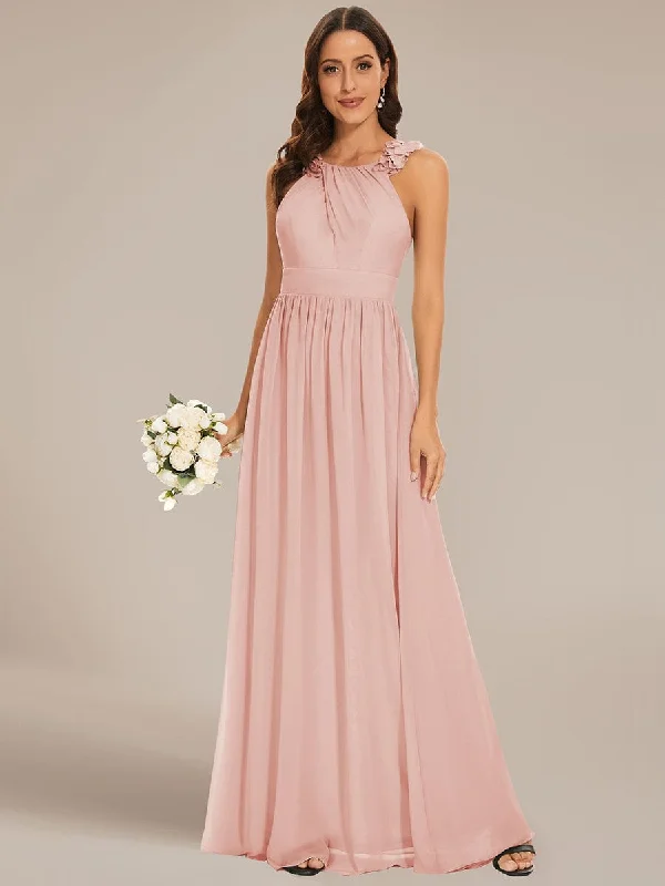 Floral Applique Sleeveless Pleated Chiffon Bridesmaid Dress Elegant Attire