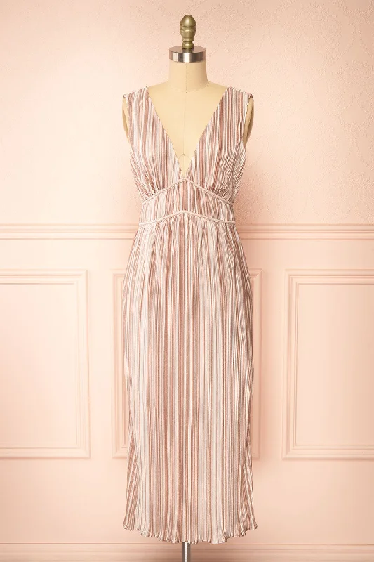 Gloriane | Pleated Beige Multi-Tone Dress w/ Slit End Of Season Sale