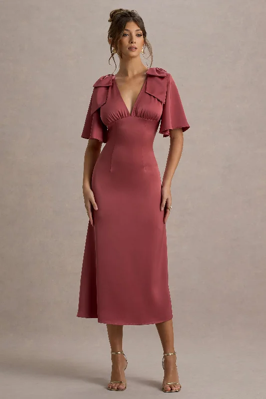 Danna | Rose Pink Satin V-Neck Short-Sleeve Midi Dress Must-Have Styles