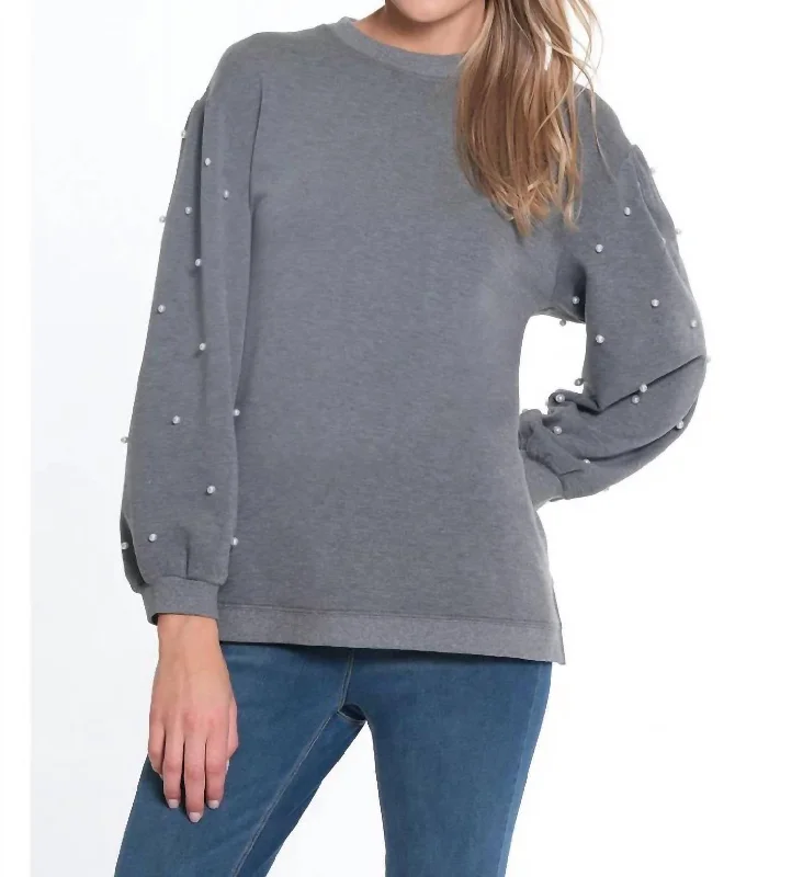 Cuffed Pearl Sleeve Crew Neck Top In Grey Crazy Price Slashing