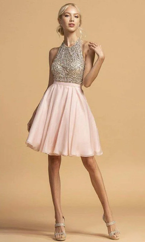 Trevi Collection - S2140 Beaded Halter A-Line Dress Refined Look