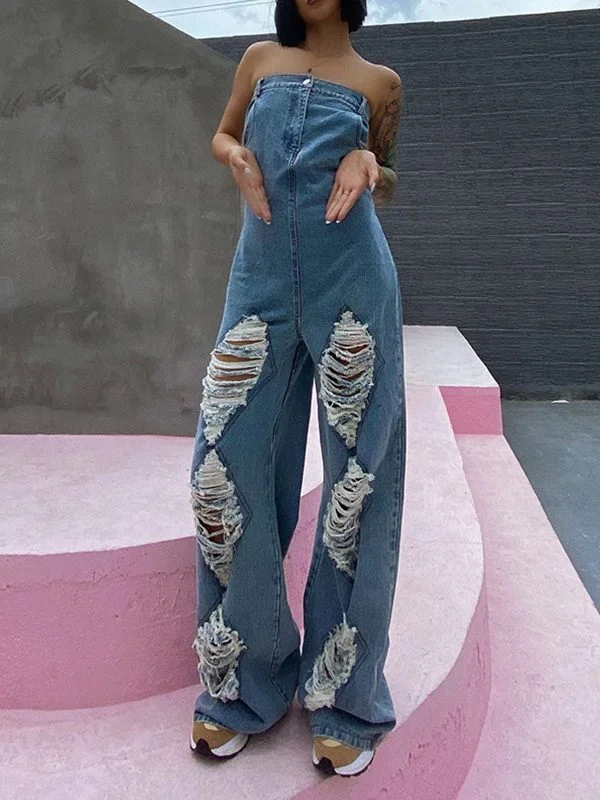 Motionkiller Ripped Strapless Denim Jumpsuit Massive Selection Sale