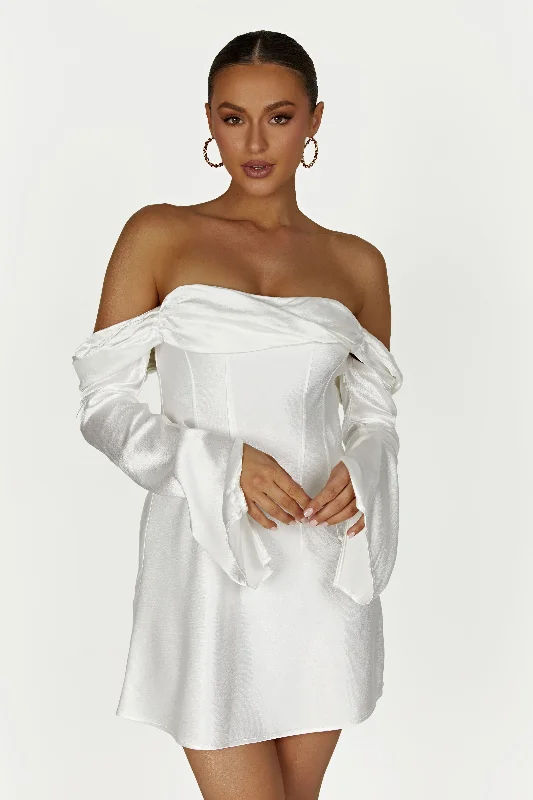 Giselle Off Shoulder Satin Mini Dress - White Weekend Special