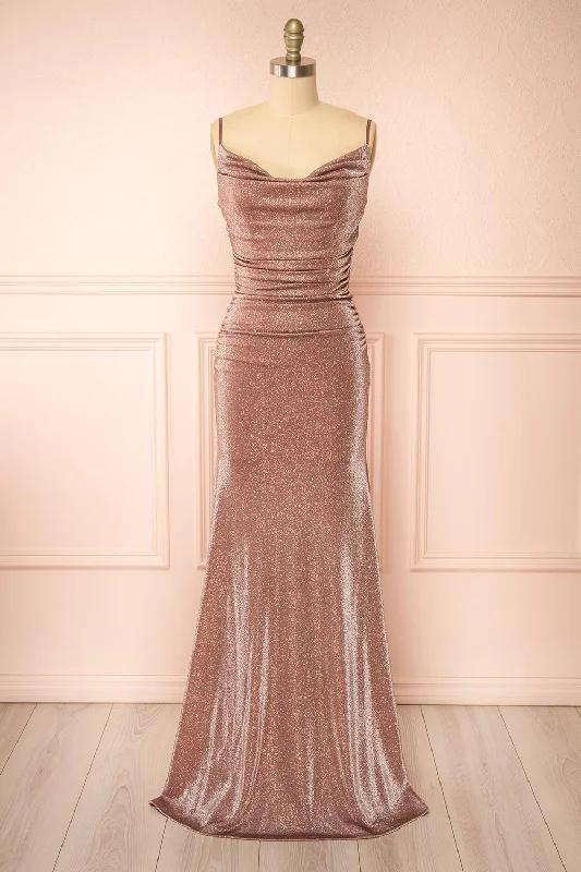 Jayna Mauve | Ruched Sparkling Mermaid Maxi Dress Feminine Allure