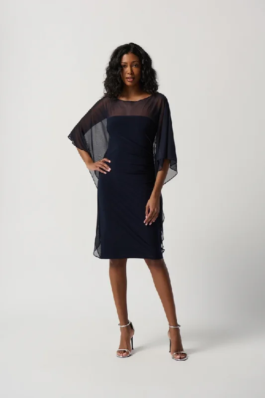 Silky Knit Sheath Dress With Cascading Mesh Sleeves Flash Sale Now