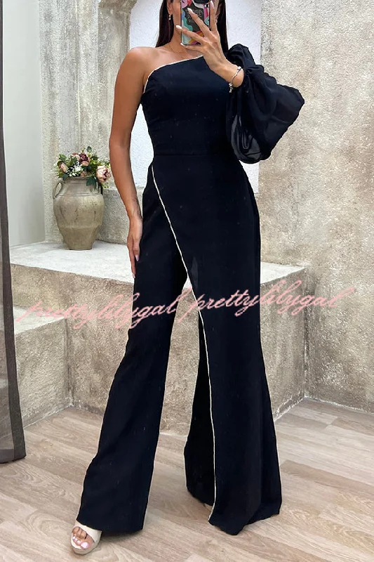 Fashion Diary Asymmetrical Design Diamond Trim One Shoulder Party Jumpsuit Versatile Wardrobe Essentials