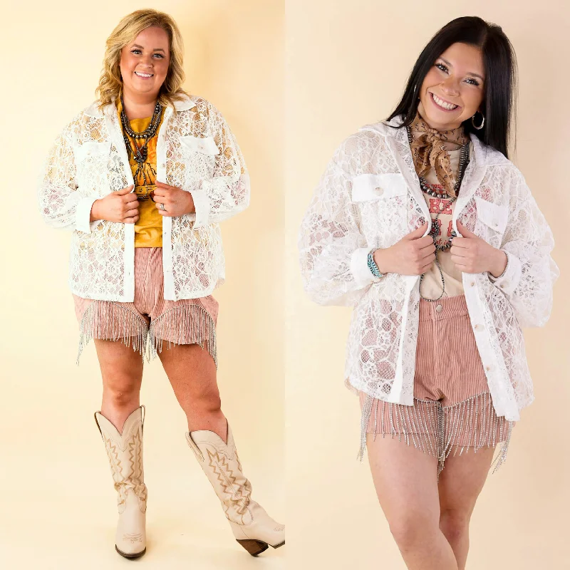 Sheer Chic Collared Button Up Lace Top in White Season Appropriate Women's Collection