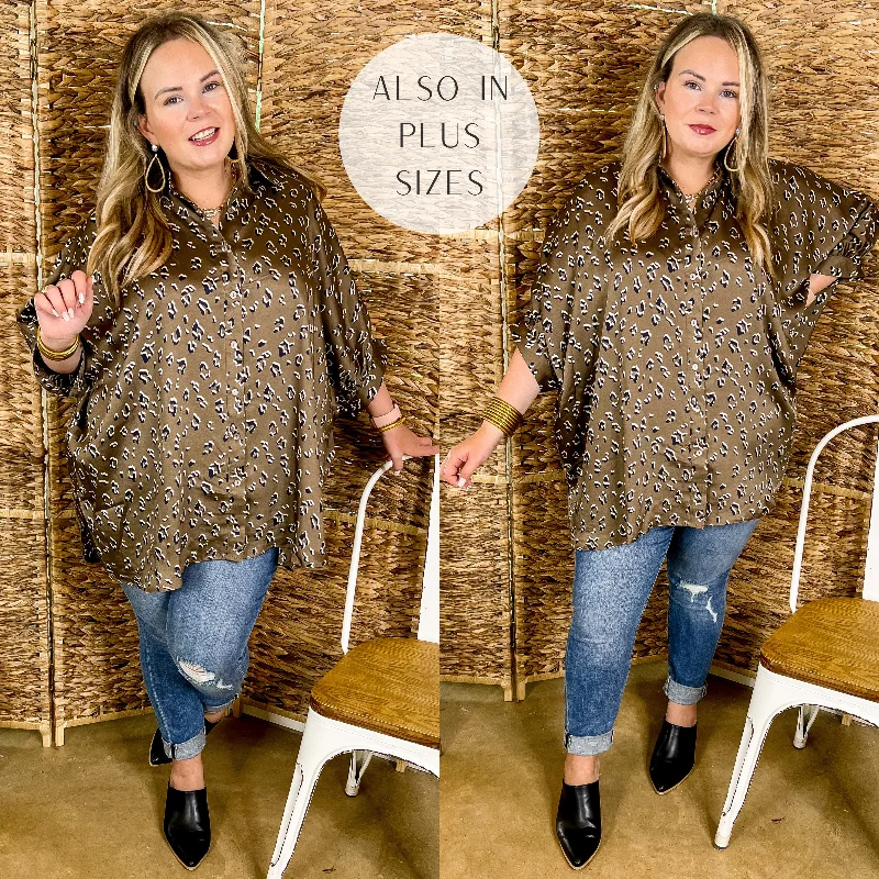 City Lifestyle Leopard Print Button Up Half Sleeve Poncho Top in Olive Green Style Streetwear