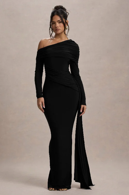 Valina | Black Ruched Asymmetric Maxi Dress With Drape Dreamy Draping