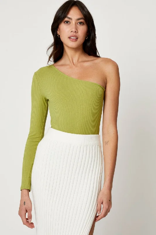 Green One Shoulder Ribbed Top End Of Season Sale