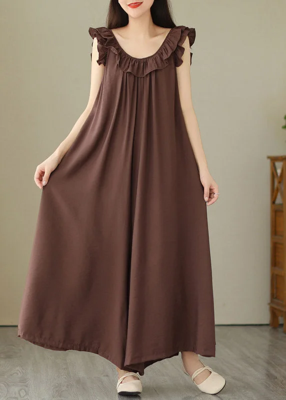 Casual Coffee O-Neck Ruffled Wide Leg Jumpsuit Summer Effortless Comfort