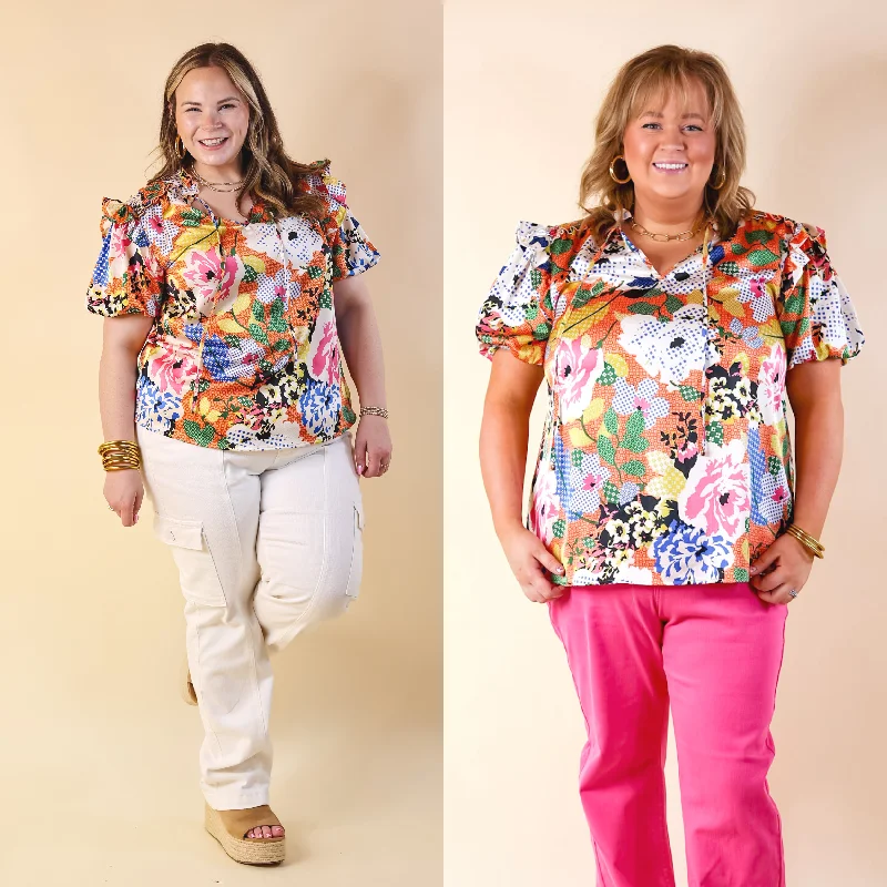 Malibu Villa Floral Print Top with Keyhole and Tie Neckline in Orange Mix Flowing Silhouette