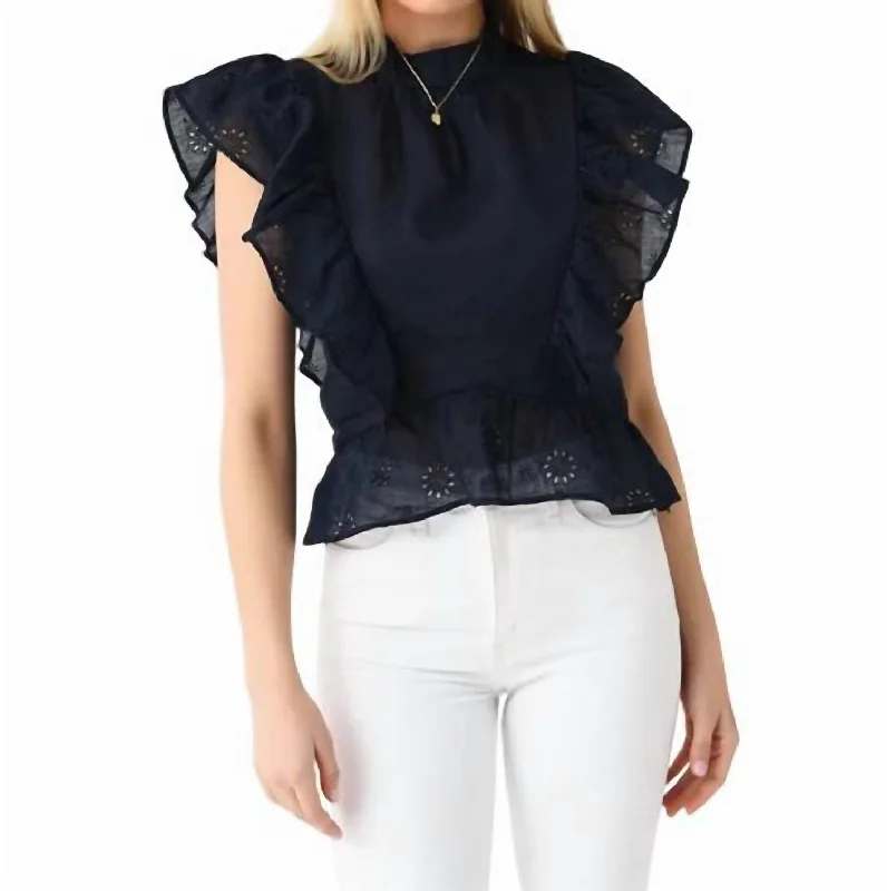 Eyelet Peplum Top In Navy Season Sale