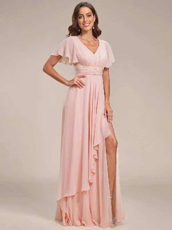 Ruffles Sleeve High Slit with Louts Leaf Chiffon Evening Dress High End Women's Wear