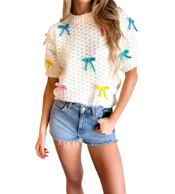 Bow Girly Knit Top In White Absurdly Cheap Sale