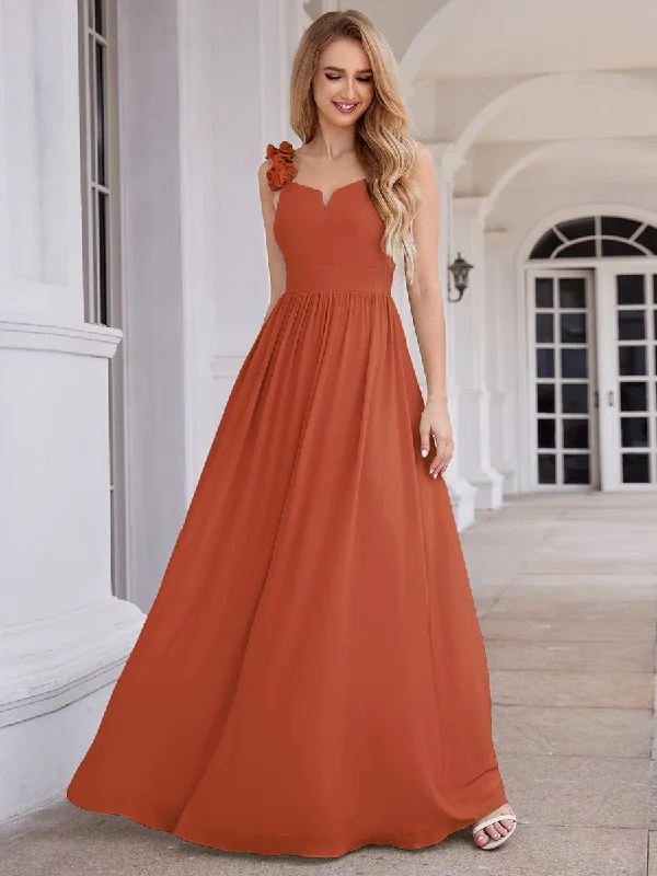 Floral Strap V-Neck Chiffon Bridesmaid Dress with A-Line Silhouette Elevated Style