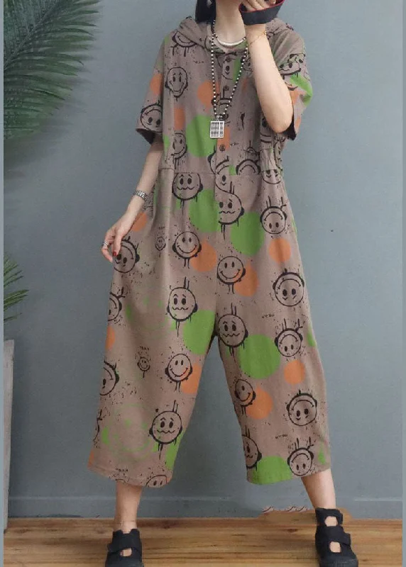 Simple Khaki Hooded Print Cotton Jumpsuits Half Sleeve End Of Season Sale