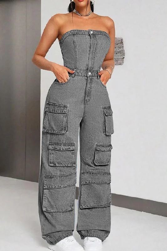 Solid Color Denim Strapless Urban Multi Pocket Jumpsuit Minimalist Chic