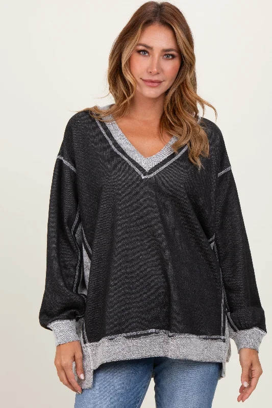 Black Contrast French Terry Long Sleeve Top Step Ahead, Lead The Trend