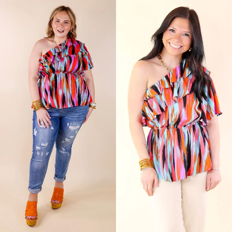 Worth Staying One Shoulder Watercolor Stripe Top in Turquoise and Red Mix Buy More, Save More