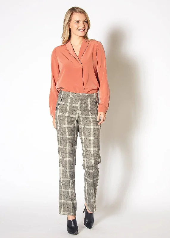 Women's Suiting Straight Pants in Mocha Plaid Budget-Friendly Fashion