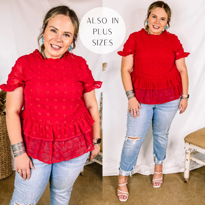 Last Chance Size Small, Medium & Large | Garden Graceful Swiss Dot Ruffle Peplum Top in Red Your Timeless Wardrobe Awaits