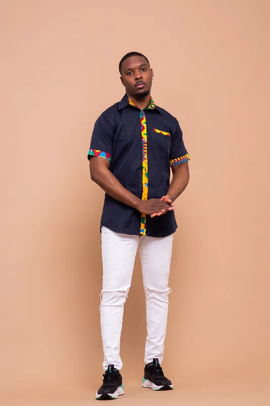 Dalton Men Shirt | Navy Blue and Ankara Mixed African Print Trend Forward Threads