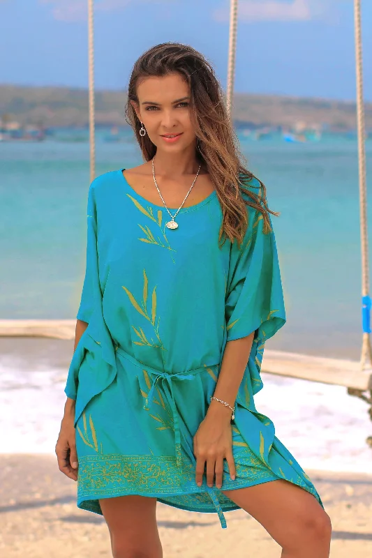 Balinese Breeze in Turquoise Batik Rayon caftan in Turquoise and Lemon Exclusive Sale