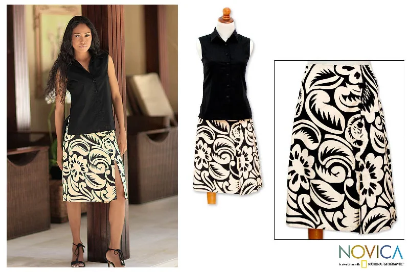 Balinese Shadow Black Cotton Batik Wrap Skirt Women's Urban Fashion