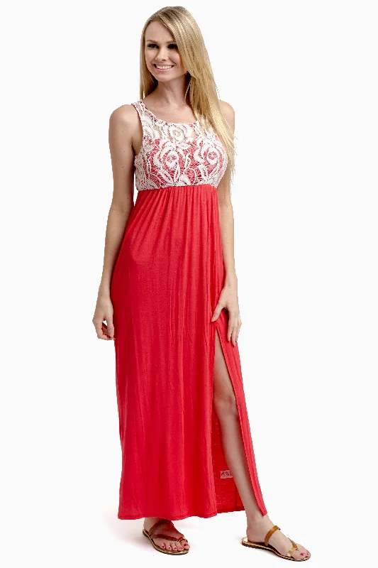 Coral Lace Top Maxi Dress Colorful Clothing