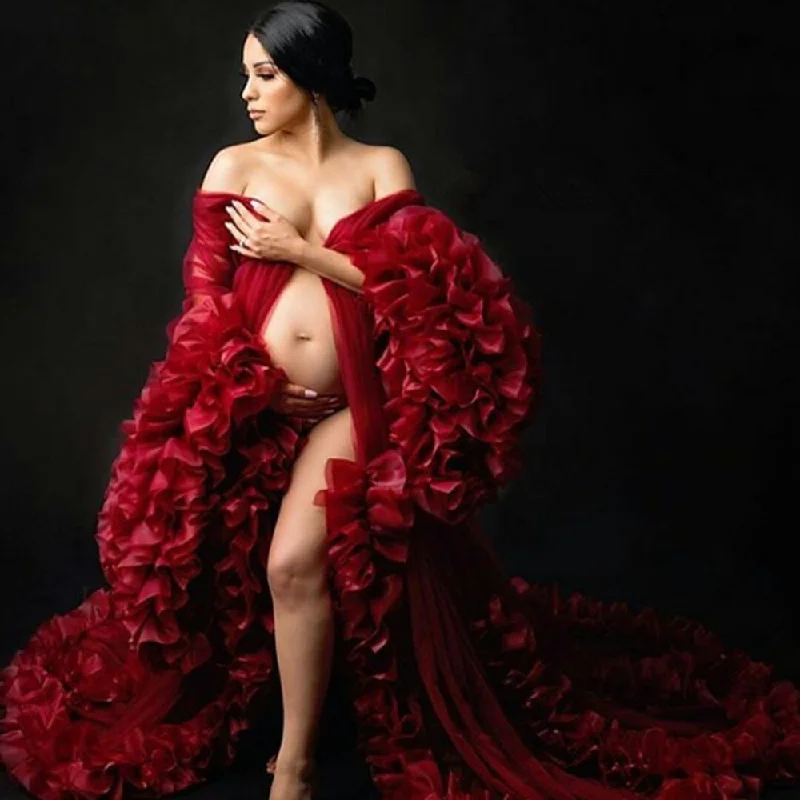 Dark Red Maternity Dresses Plus Size Tiered Ruffles Long Sleeve Now On Sale For Chic Urban Styles