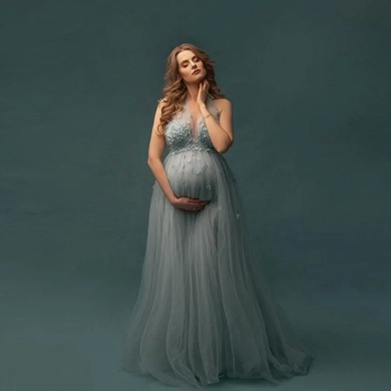 Elegant Light Blue Tulle 3D Flowers Maternity Photography Baby Shower Dresses Weekend Special