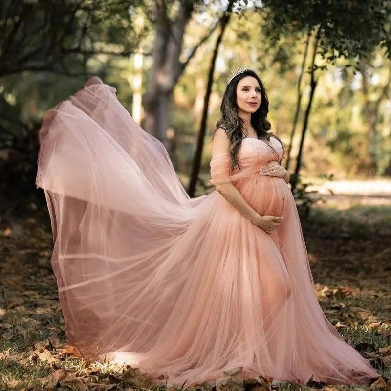 Elegant Off-Shoulder Lace Maternity Dress - Long Maxi Gown for Photoshoots & Photography Props Hollywood Glam Award - Show Style