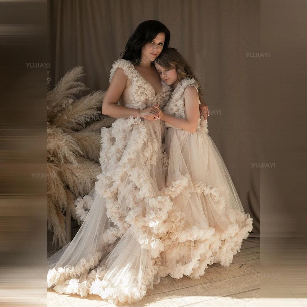 Elegant tiered ruffle tulle Mommy and Me matching dresses, perfect for mother-daughter and family photoshoots. Contemporary Chic