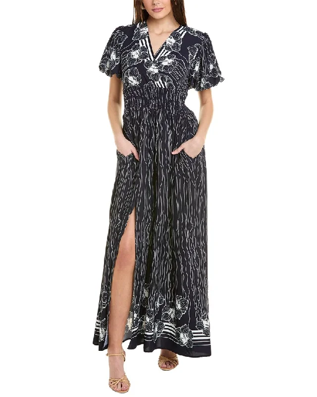 Gracia Lines & Flower Print V-Wrap Maxi Dress High End Designer Brands Discount