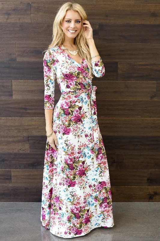 Ivory Floral Draped 3/4 Sleeve Maxi Dress Summer Fashion