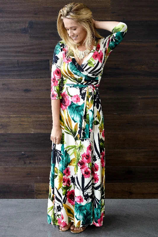 Ivory Tropic Floral 3/4 Sleeve Maxi Dress Pastel Styles