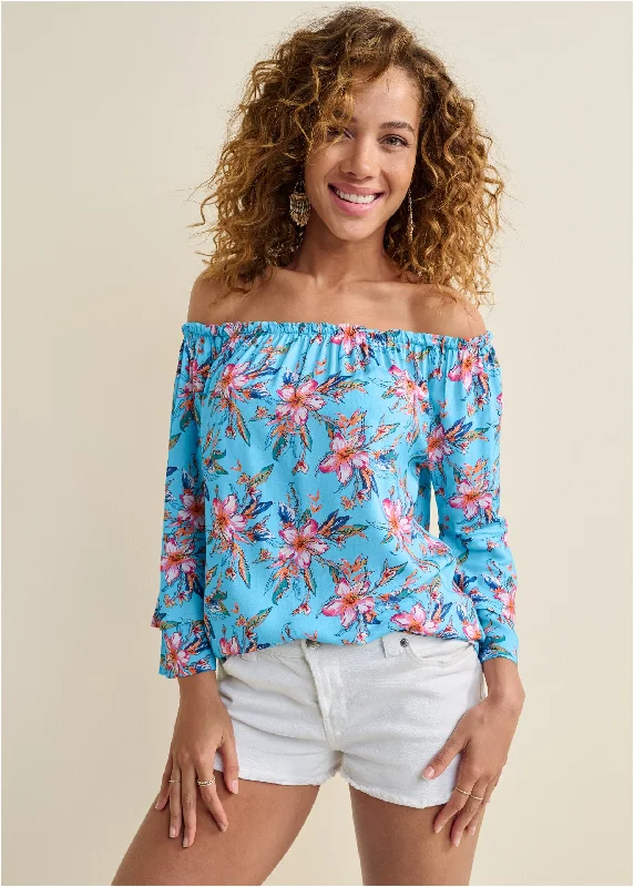 Off-The-Shoulder Printed Top - Blue Multi Limited Time Offers