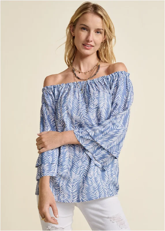 Off-The-Shoulder Printed Top - Blue & White Trendy Street Style