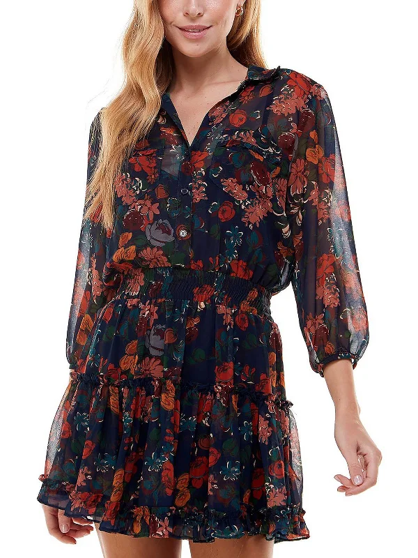 Juniors Womens Chiffon Floral Shirtdress Stylish Basics