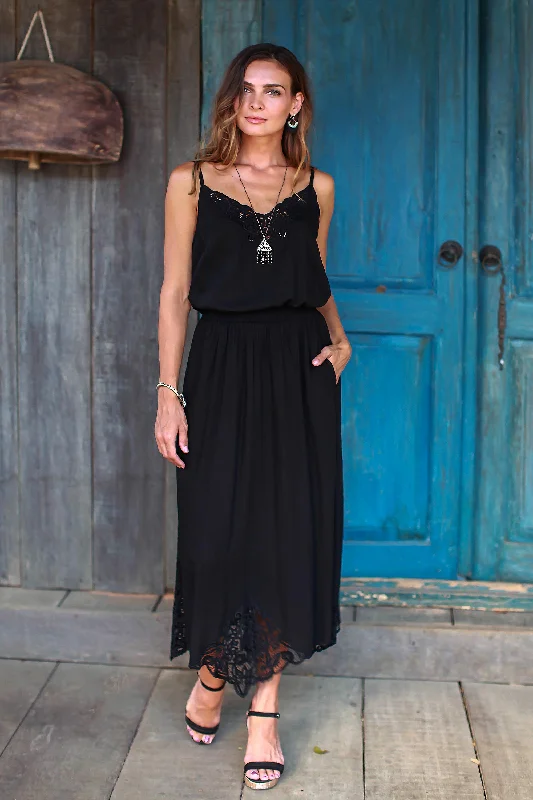 Juwita Style Hand-Embroidered Rayon Midi Skirt in Onyx from Bali Unbeatable Prices