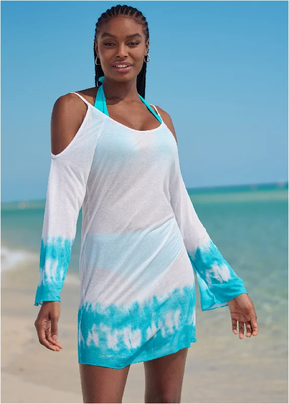 Cold Shoulder Cover-Up - Aqua & White Attire Sale