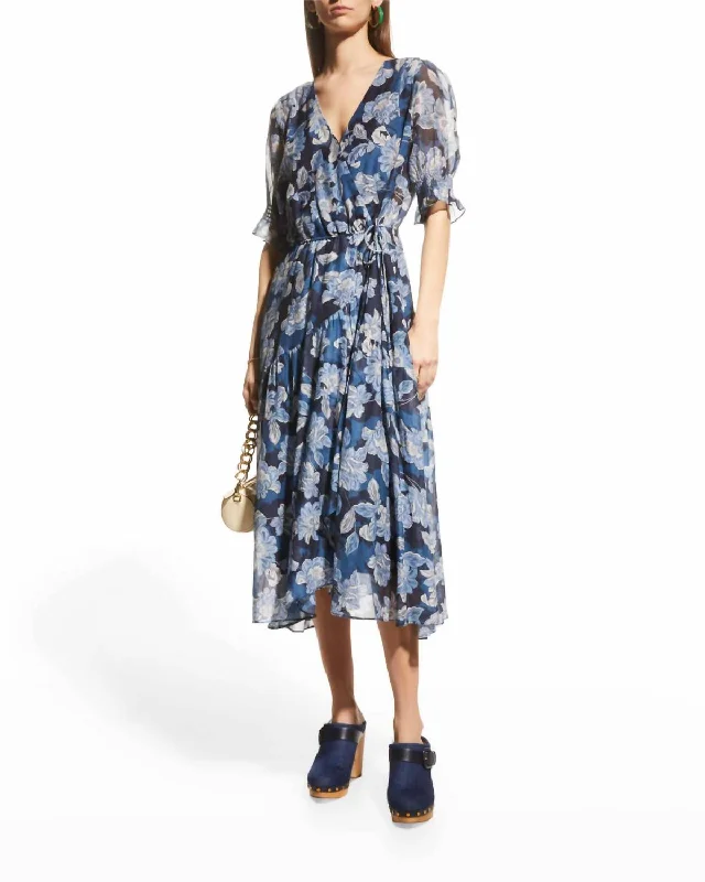 Mar Floral Print Midi Wrap Dress In Blue Evening Elegance