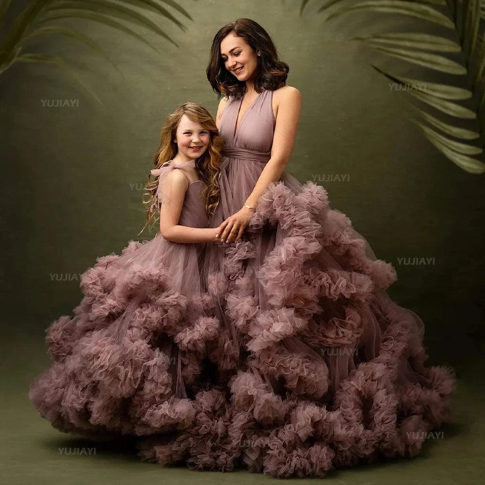 Mommy and Me Matching Dress Puffy Tulle Tiered Ruffles Mother and Daughter Dresses for Party or Photoshoot Family Look Ball Gown Casual Chic Clothing