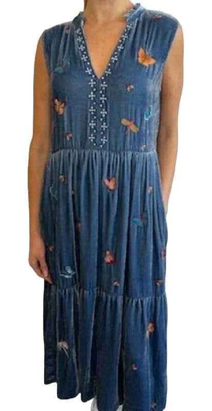 Monarca Velvet Ruffle Nect Tank Dress In Denim Indigo Floral Style