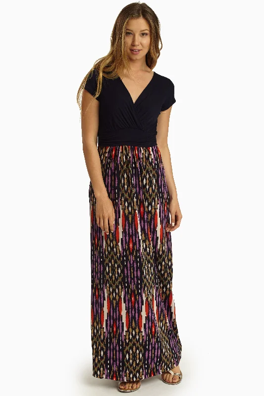 Navy Blue Printed Bottom Draped Maxi Dress Evening Elegance